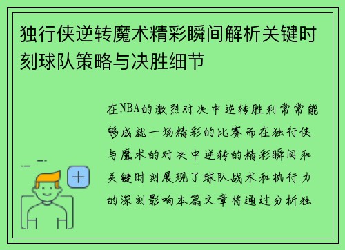 独行侠逆转魔术精彩瞬间解析关键时刻球队策略与决胜细节